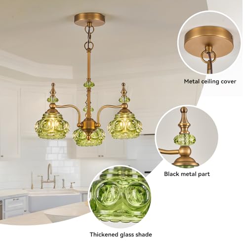 3 Light Green Pendant Lighting Fixtures Vintage Brass Pendant Light for Bedroom Kitchen Island Dining Room Living Room