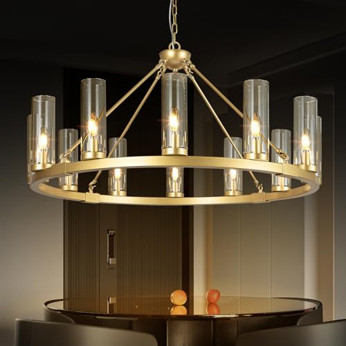 12 Lights Gold Chandelier Wagon Wheel Chandelier with Clear Glass Shade Round Industrial Pendant Lighting Fixture for Stair Living Room Foyer Kitchen