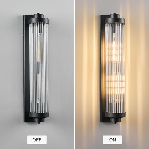Black Wall Sconces Set of Two with Crystal Glass Strip Bathroom Sconces 2 Light E12 Base Modern Wall Lights for Bedroom Living Room Hallway Wall Light Fixtures