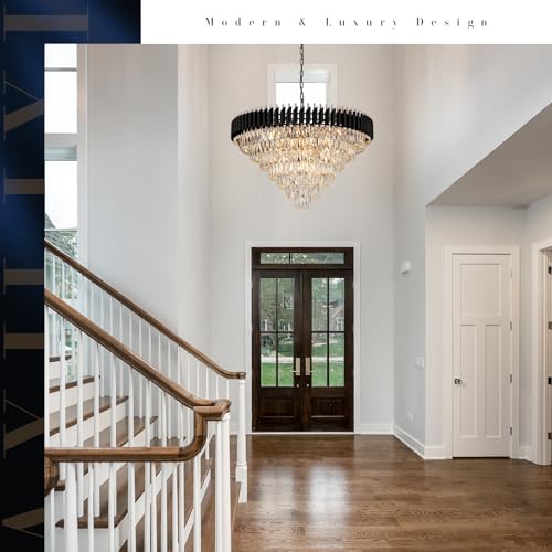 Modern Black and Gold Crystal Chandelier 35" Large Light for High Ceiling
