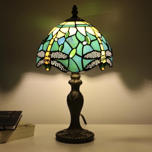 Tiffany Table Lamp Dragonfly Style Blue Yellow Stained Glass Accent Lamp Bronze Resin Base 8X8X14 Inch