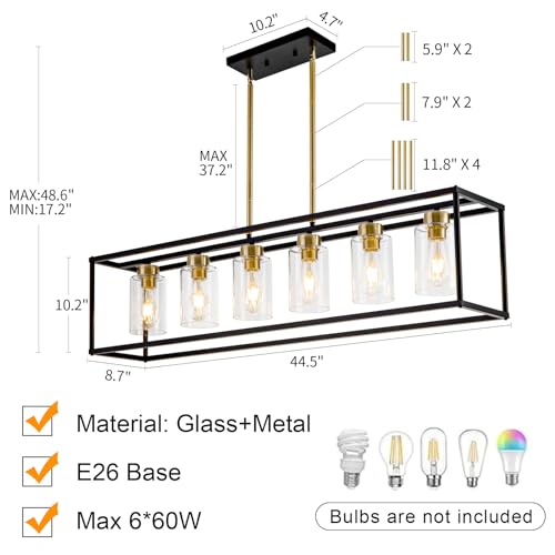 6 Lights Modern Dining Room Light Fixtures Over Table Black & Brushed Brass Gold Farmhouse Chandelier Rectangular Pendent Lighting for Kitchen with Glass Shade Long Linear Industry Hanging Light