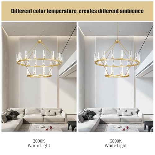 48 Inch Large Gold Wagon Wheel Chandelier with Clear Glass Shade 2 Tier 24