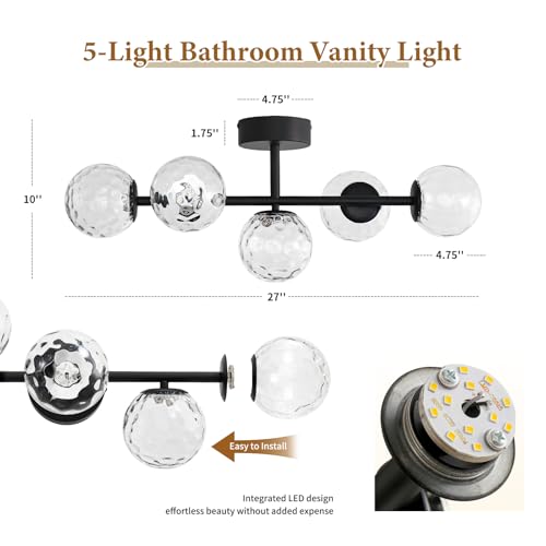 Black 5 Light LED Modern Hammered Glass Globe Bathroom Vanity Light