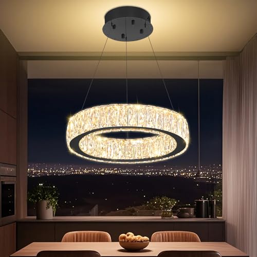 Modern LED Dimmable Crystal Chandelier 15.7in Black Ring Pendant Light Adjustable Round Crystal Chandelier Light for Dining Room Living Room