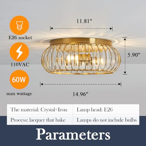 Crystal Flush Mount Ceiling Light Fixtures Modern Gold Ceiling Light 3 Light Ceiling Chandelier for Hallway Bedroom Bathroom Foyer Living Room Dining Room Kitchen