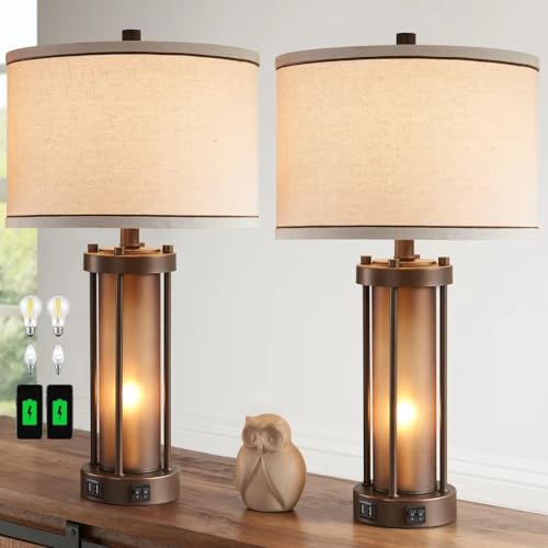 Set of 2 Farmhouse Table Lamps for Living Room with 2 USB Charging Ports (2 Count)