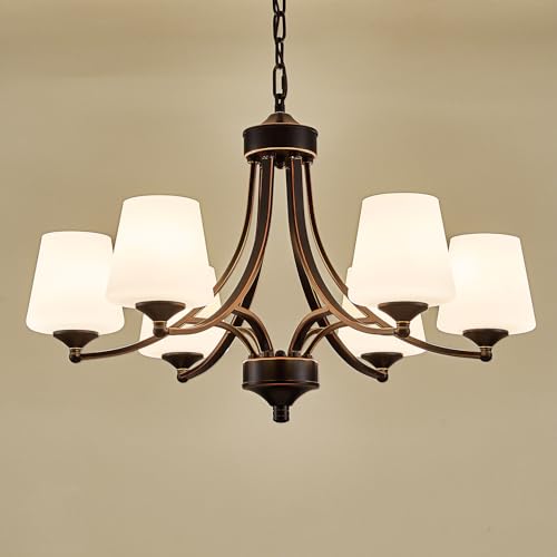 6 Light Farmhouse Chandeliers Black and Gold Dinner Room Light with Frosted Glass 47.2" Adjustable Pendant Ceilling Lighting Rustic Vintage Hanging Lamp for Kitchen Island Dining Table Living Room