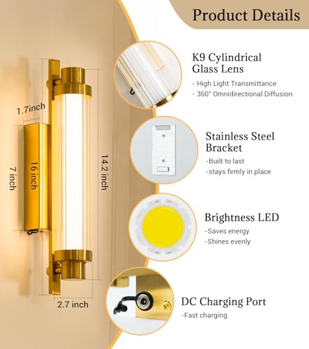 Set of 2 Gold 12000mAh LED Crystal Wireless Battery Wall Sconces (2 Count)