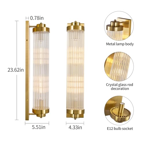 Gold Wall Sconces Set of Two with Crystal Glass Strip Bathroom Sconces 2 Light E12 Base Modern Wall Lights for Bedroom Living Room Hallway Wall Light Fixtures (2 Count)