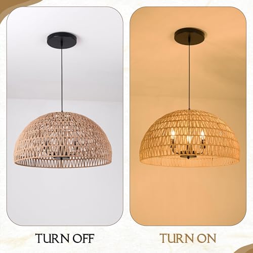 24" Brown Woven Pendant Light Boho Chandelier Dome Rustic Farmhouse Chandelier Wicker Pendant Light Rattan Light Fixture for Dining Room Living Room Bedroom Kitchen Island Foyer