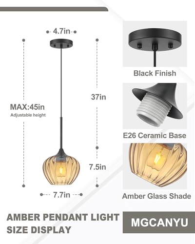 Amber Glass Pendant Lights Kitchen Island with Black Finish