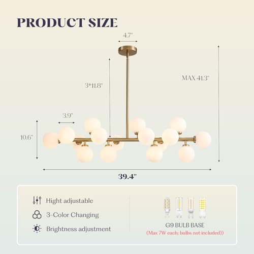 Mid Century Modern Chandelier Over Table, 16-Light Globe Sputnik Chandelier Rectangle Pendant Lighting Fixture Hanging Ceiling Light for Dining Room, Kitchen Island