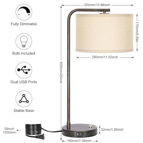 25" Tall Bedside Table Lamp with USB C+A Ports