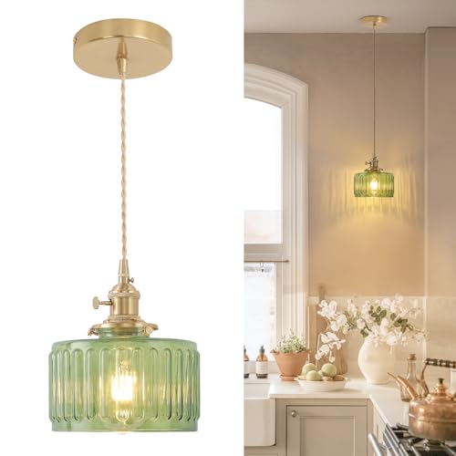 Pendant Light with Green Striped Glass Lmapshade