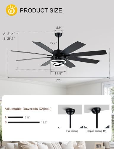 72 Inch Black Modern Ceiling Fans with Lights