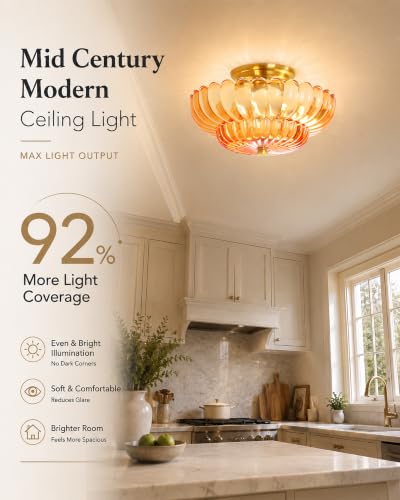 Semi Flush Mount Ceiling Light Fixture 11.8" Vinatge Gold Ceiling Lights Mid Century Modern Orange Glass Close to Ceiling Lighting Fixtures for Bedroom Hallway Foyer Bathroom Kitchen Entryway