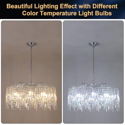 Large Crystal Chandelier 30'' Chrome Modern Chandelier for Dining Room 10 Light Drum Chandelier Luxury K9 Raindrop Crystal Ceiling Pendant Fixtures for Living Room Bedroom Staircase Foyer
