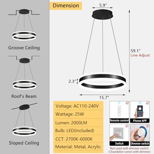 D15.7'' Modern Ring Chandelier for Dining Room LED Dimmable Pendant Lighting High Ceiling Chandelier for Living Room Foyer Bedroom Entryway 3000K