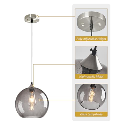 Light Grey Glass Pendant Lights Kitchen Island Globe Pendant Light Fixtures Modern Pendant Lighting for Bedroom Living Dining Room Light Fixture (3 Count)