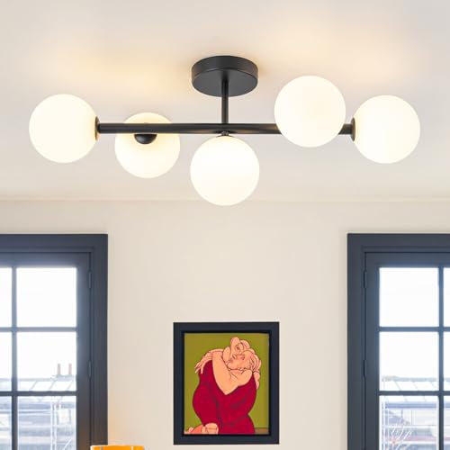 5 Light Semi Flush Mount Glass Ceiling Light Frosted Globe