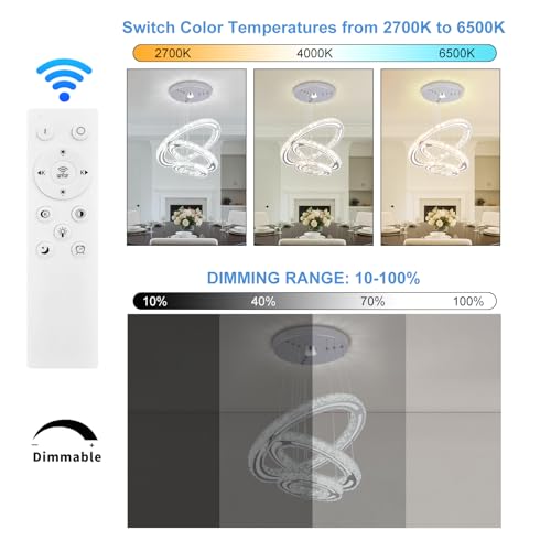 3 Ring Dimmable LED Crystal Chandelier 47W with Remote