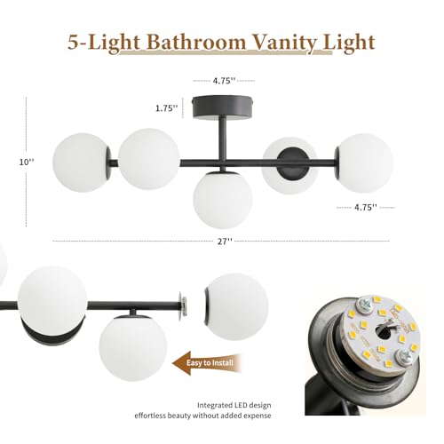 27" Mid Century Modern White Globe Black LED Bathroom Vanity Light