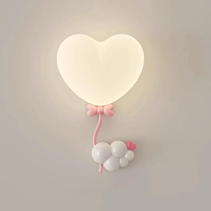 Cute Heart Shaped Wall Sconce, Whimsical Pink Balloon & Cloud Design LED Light, 3 Color Adjustable Bedside Lamp for Kids Room, Nursery, Girls Bedroom Decor, Romantic Accent Lighting