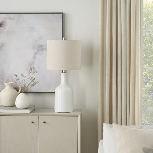Home 22" White Glossy Ceramic Table Lamp with Oatmeal Linen Shade for Modern Farmhouse