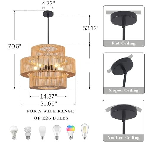 22" Boho Hand Woven Rattan Chandelier Light Fixtures for Dining Room
