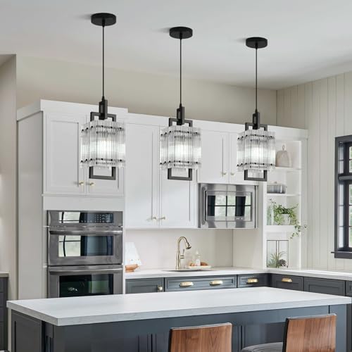 Modern Pendant Light Fixtures with Clear Glass Matte Black Pendant Lights Kitchen Island Adjustable Square Hanging Pendant Lighting for Dining Room Over Sink Hallway 2 Pack 12 inches (2 Count)