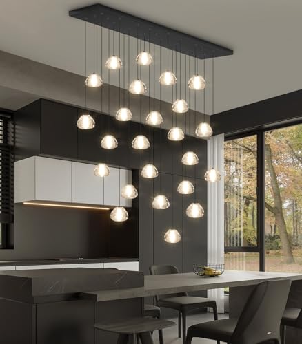 24 Lights Modern Rectangular Crystal Chandelier LED Raindrop Ceiling Pendant Light Crystal Lighting Fixture for Living Room Hotel Staircase Hallway Foyer Entryway Bedroom Black