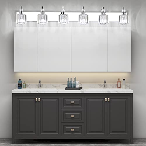 Crystal Vanity Lights 6 Light 48" Modern Crystal Bathroom Lights Fixtures Over Long Mirror Stainless Steel Chrome Vanity Light for Bathroom Wall Lights Fixtures