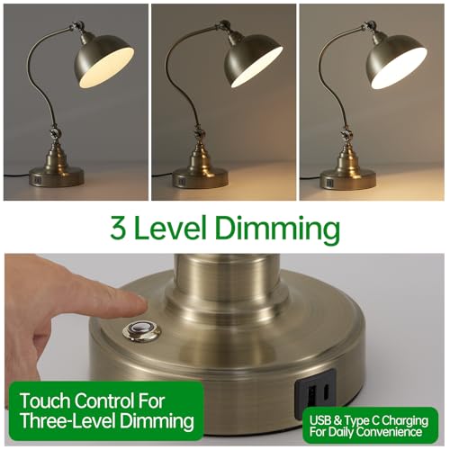 Dimmable Touch Control Antique Brass Swing Arm Desk Lamp with Charging Port