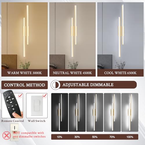 LED Wall Sconce Gold Modern Remote Wall Light Fixtures for Living Room