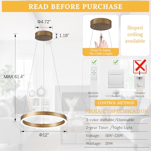 12in LED Ring Chandelier Brass Gold Modern Dimmable Pendant Light