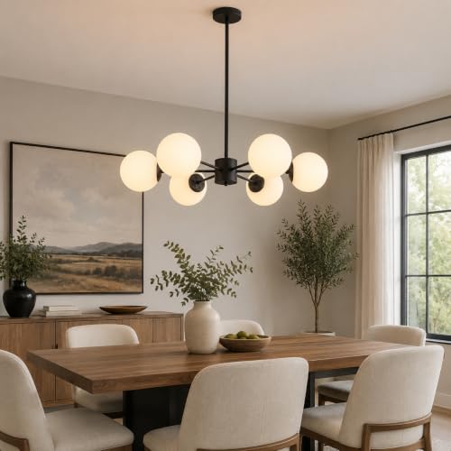 Lighting 6 Light Mid Century Modern Milk Glass Globe Sputnik Chandelier