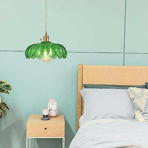 Grass Green Glass Pendant Light Fixtures Medium 9.8 Inches Lampshade Gold Brass Finish and Switch Vintage Pendant Ceiling Lamp Copper Pendant Lighting