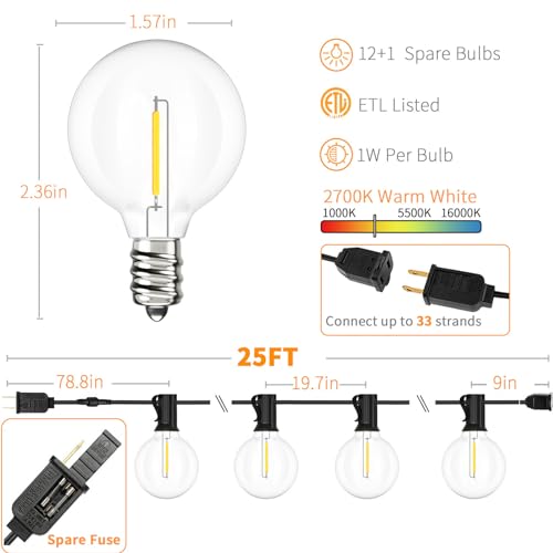 Outdoor String Lights 25 FT G40 LED Patio Hanging Light Waterproof (25 Foot)