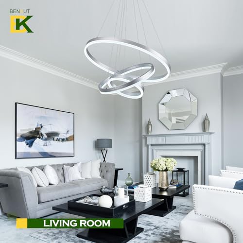 3 Rings Modern LED Chandelier Silver Dimmable Pendant Lighting with Remote Control Circular Flush Mount High Ceiling Light for Dining Room Living Room Entrance Foyer