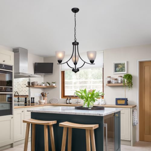 3 Light Shaded Contemporary Chandeliers with Alabaster Glass Black Rustic Light Fixtures Ceiling Hanging Mid Century Modern Pendant Lighting for Bed Room Dining Room Foyer Living Room