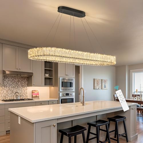 Modern Oval Crystal Chandelier for Dining Room Dimmable LED Chandeliers Rectangular Pendant Light Fixture with Remote for Living Room Kitchen Island Black