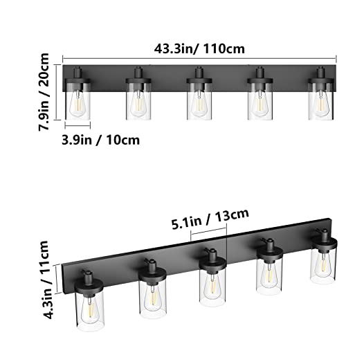 Matte Black Bathroom Vanity Light Fixtures 5 Lights Industrial Lighting Fixtures Over Mirror with Clear Glass Shade