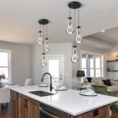 Raindrop Pendant Lights Kitchen Island Teardrop Black Hanging Light Fixtures Clear Solid Glass Pendant Light Modern Chandeliers for Dining Room Porch Corridor Living Room