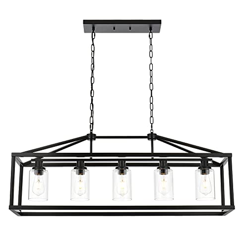 Kitchen Island Lighting 5 Light Modern Farmhouse Metal Cage Chandeliers with Clear Glass Shade Black Industrial Rectangle Dining Room Light Fixture Hanging Pendant Lamp for Foyer Bar Entryway