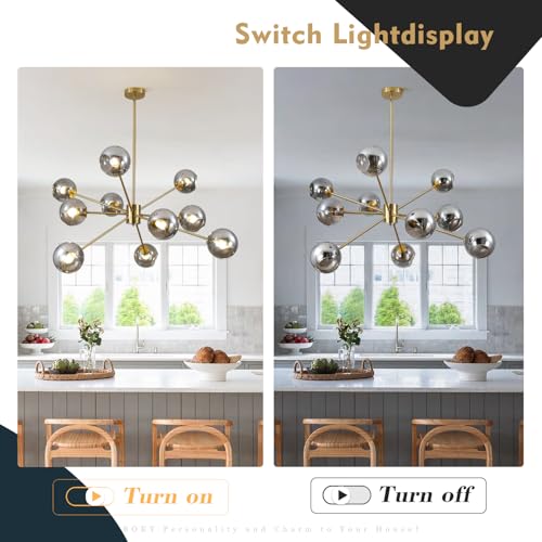 10 Lights Mid Century Modern Large Smoke Grey Sputnik Chandelier Brushed Gold Globe Sputnik Light Fixture Nordic Hanging Ball Chandelier Vintage Minimalist Brass Pendant Lights Kitchen Island