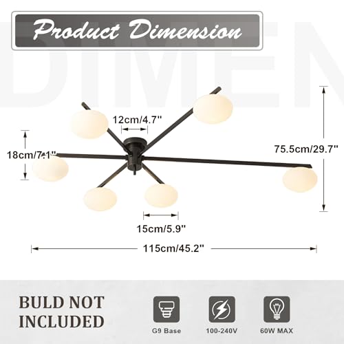 6 Light Semi Flush Mount Ceiling Sputnik Chandelier Black Matte