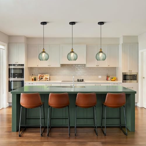Vintage Green Ribbed Glass Pendant Lights for Kitchen Island 3 Pack (3 inch(es))