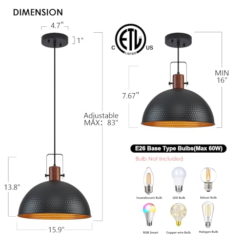 16 Inch Black Pendant Lights Hammered Matte Pendant Lights for Kitchen Island Industrial Farmhouse Adjustable Height Dome Hanging Light Fixtures for Barn