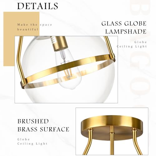 10" Semi Flush Mount Ceiling Light with Clear Glass Shade Mid Century Ceiling Light Modern Gold Globe Semi Flush Mount Ceiling Light Fixture for Bedroom Hallway Bathroom Foyer
